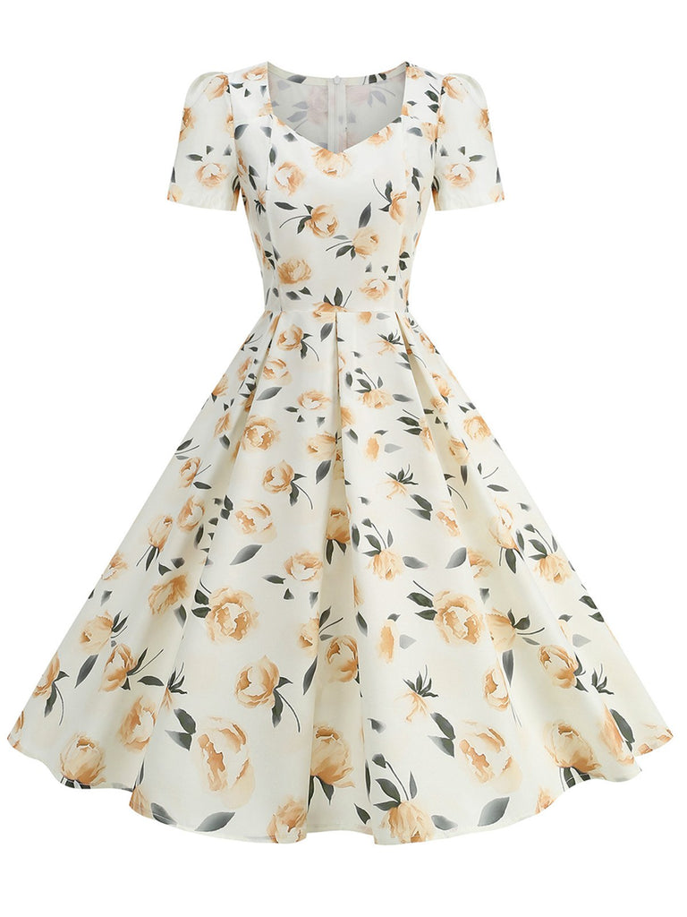 Rosa 50er Swingkleid mit Herzausschnitt und Kurzarm
