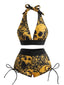 Gelbes 50er Gothic-Bikini-Set mit Totenkopf und Neckholder
