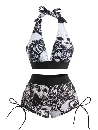 50er Gothic Bikini-Set & Shorts mit Neckholder und Totenkopf