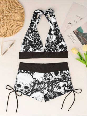 50er Gothic Bikini-Set & Shorts mit Neckholder und Totenkopf