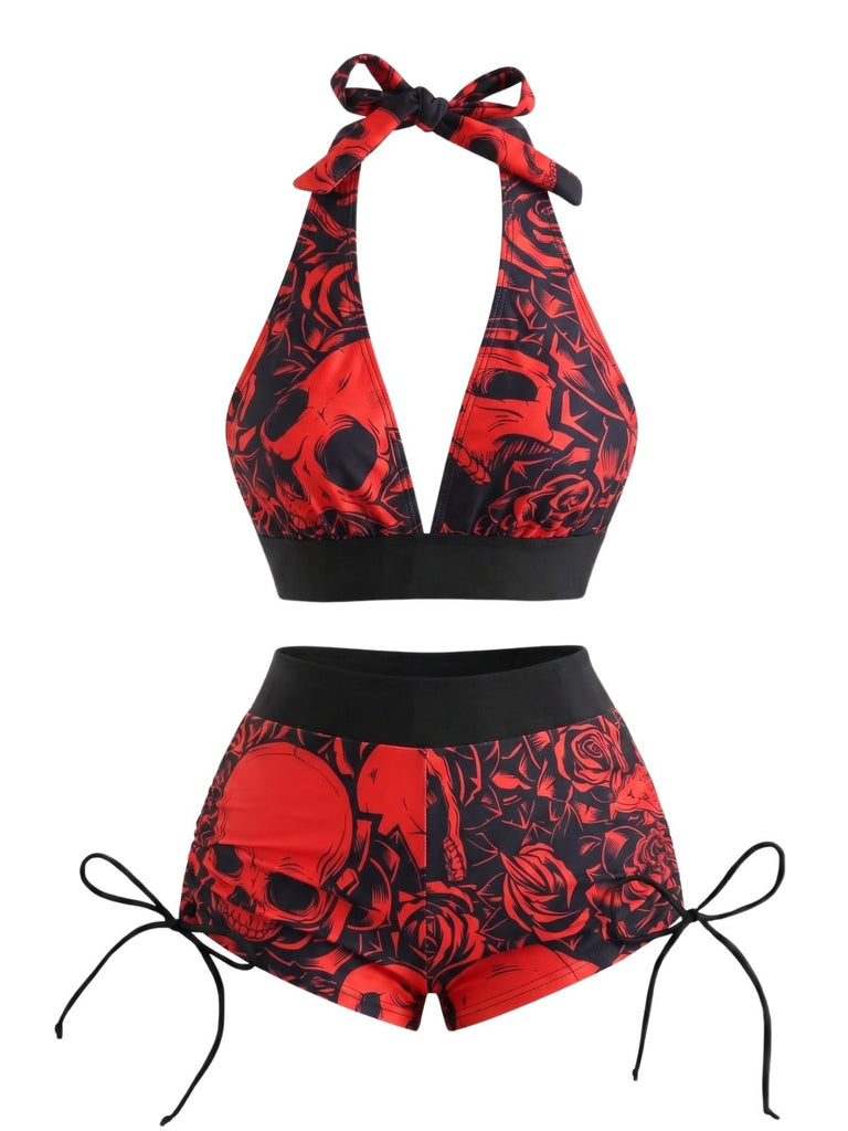 50er Gothic Bikini-Set & Shorts mit Neckholder und Totenkopf