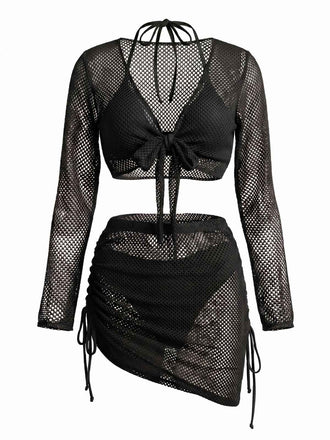 50er Bikini-Set & Shorts & Cover-Up mit Neckholder und Häkelarbeit