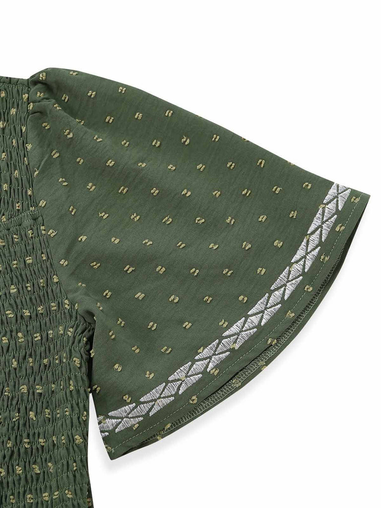 40er Jacquard-Smockkleid mit Eckiger Ausschnitt und Stickerei