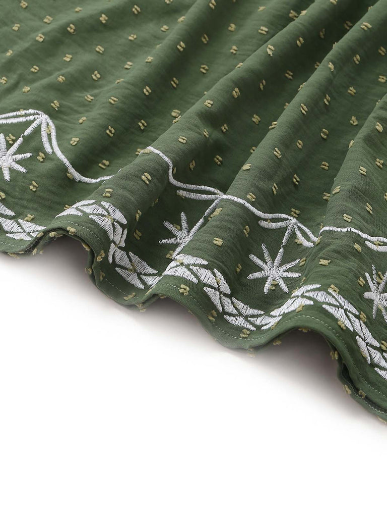 40er Jacquard-Smockkleid mit Eckiger Ausschnitt und Stickerei