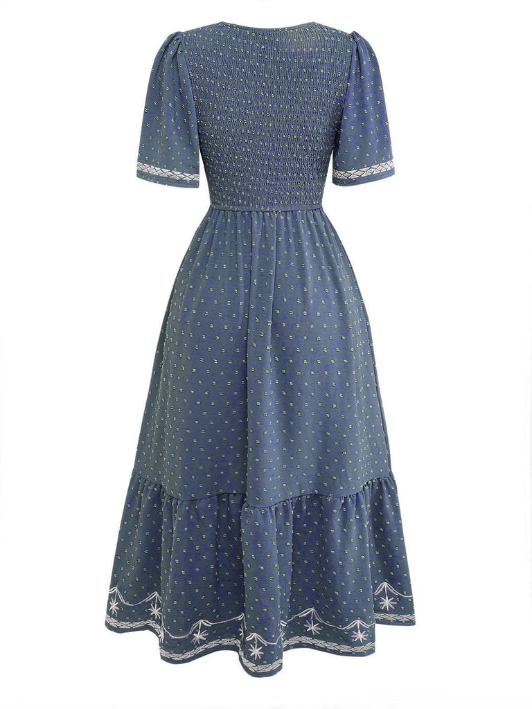 40er Jacquard-Smockkleid mit Eckiger Ausschnitt und Stickerei