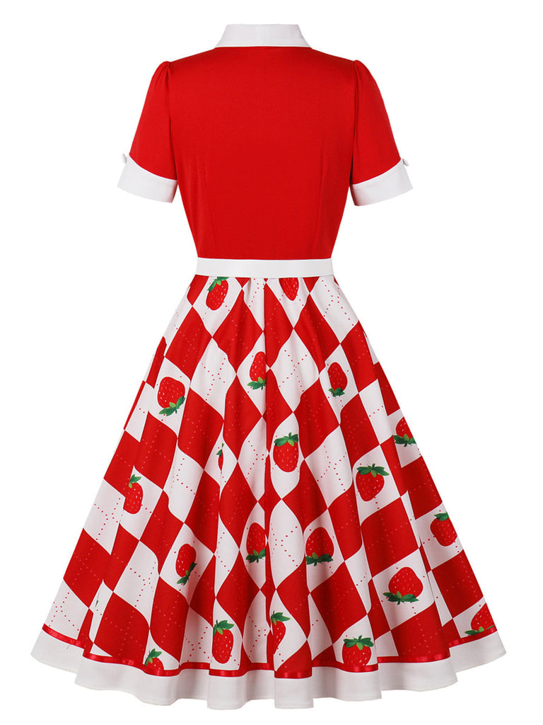 50er Swingkleid mit Farbblock und Erdbeere