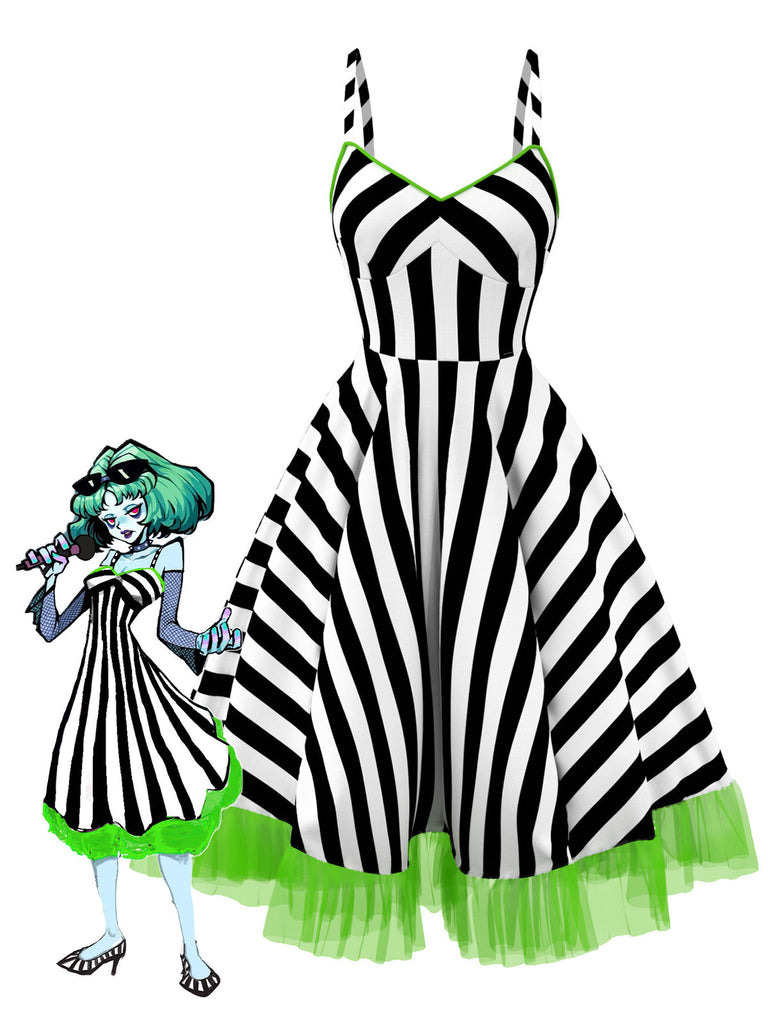 Schwarzes 50er Halloween-Swingkleid mit Kürbis-Print und Tüllsaum