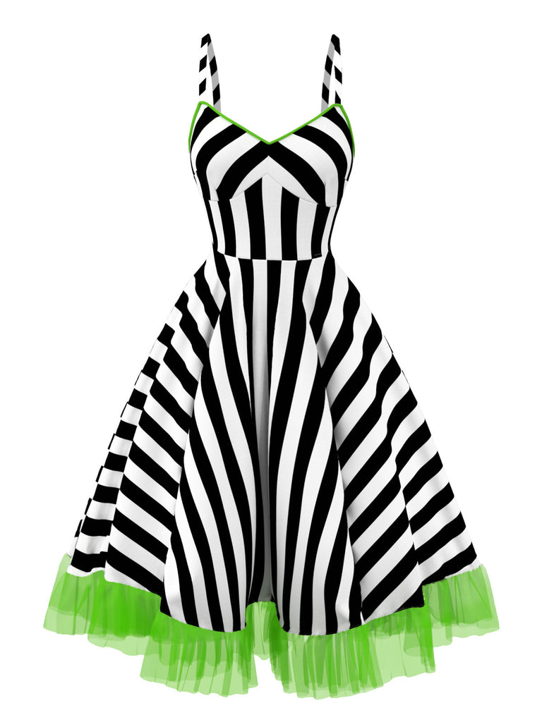 Schwarzes 50er Halloween-Swingkleid mit Kürbis-Print und Tüllsaum
