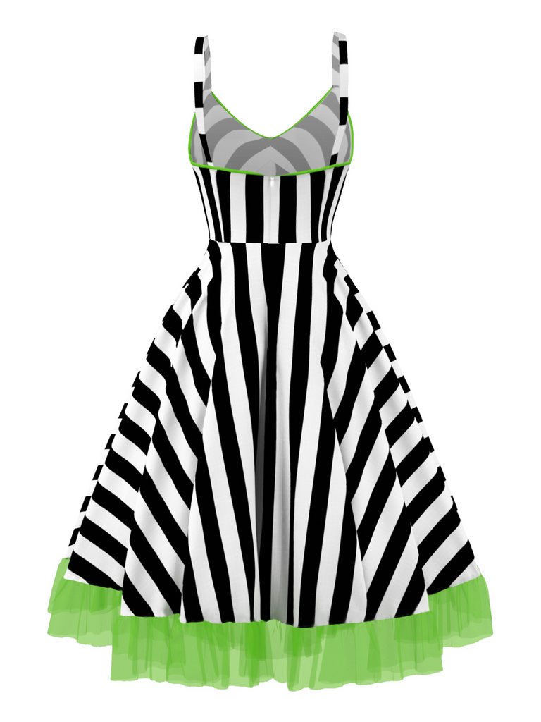 Schwarzes 50er Halloween-Swingkleid mit Kürbis-Print und Tüllsaum