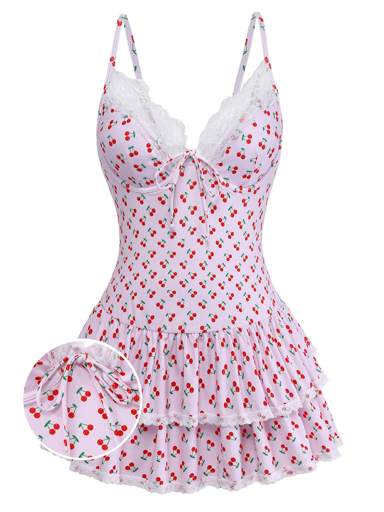 Rosa 1940er Kirsche Drucken Spitze Trimmen Eins Stück Bademode