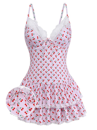 Rosa 1940er Kirsche Drucken Spitze Trimmen Eins Stück Bademode