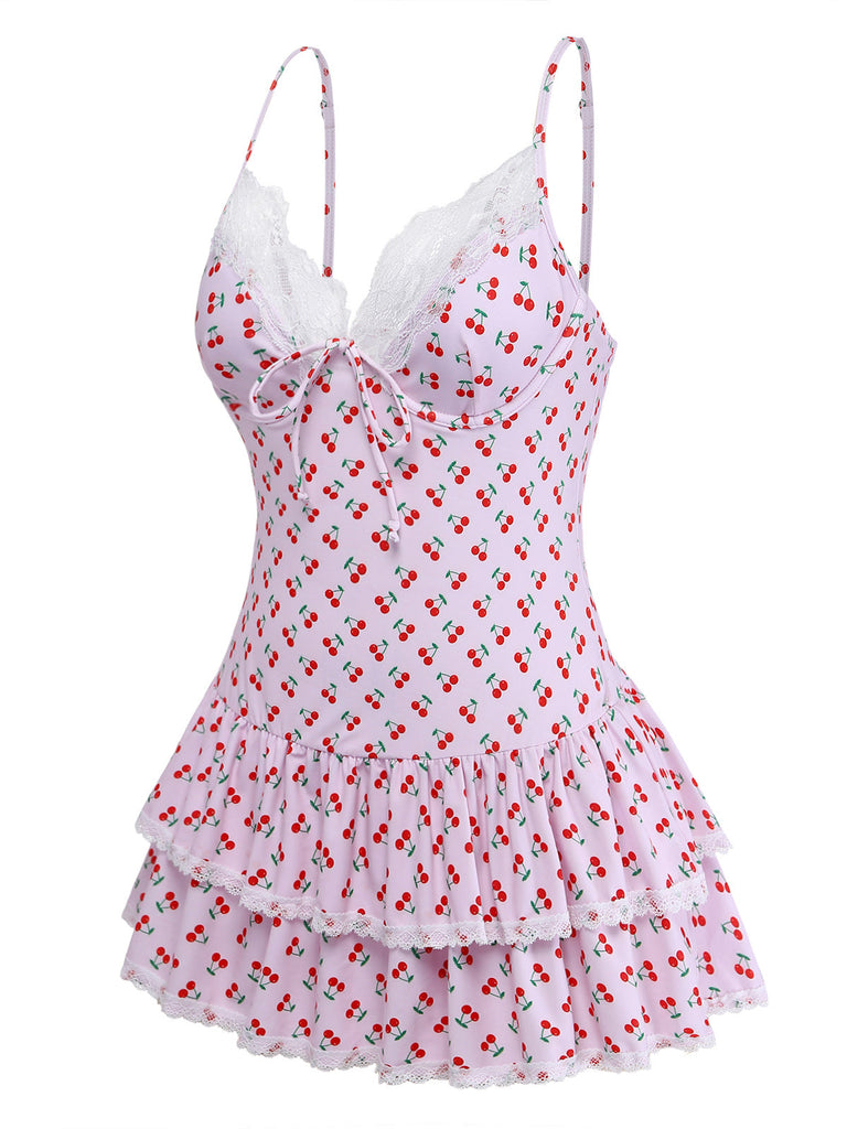 Rosa 1940er Kirsche Drucken Spitze Trimmen Eins Stück Bademode