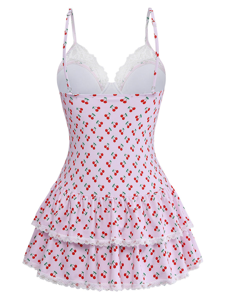 Rosa 1940er Kirsche Drucken Spitze Trimmen Eins Stück Bademode