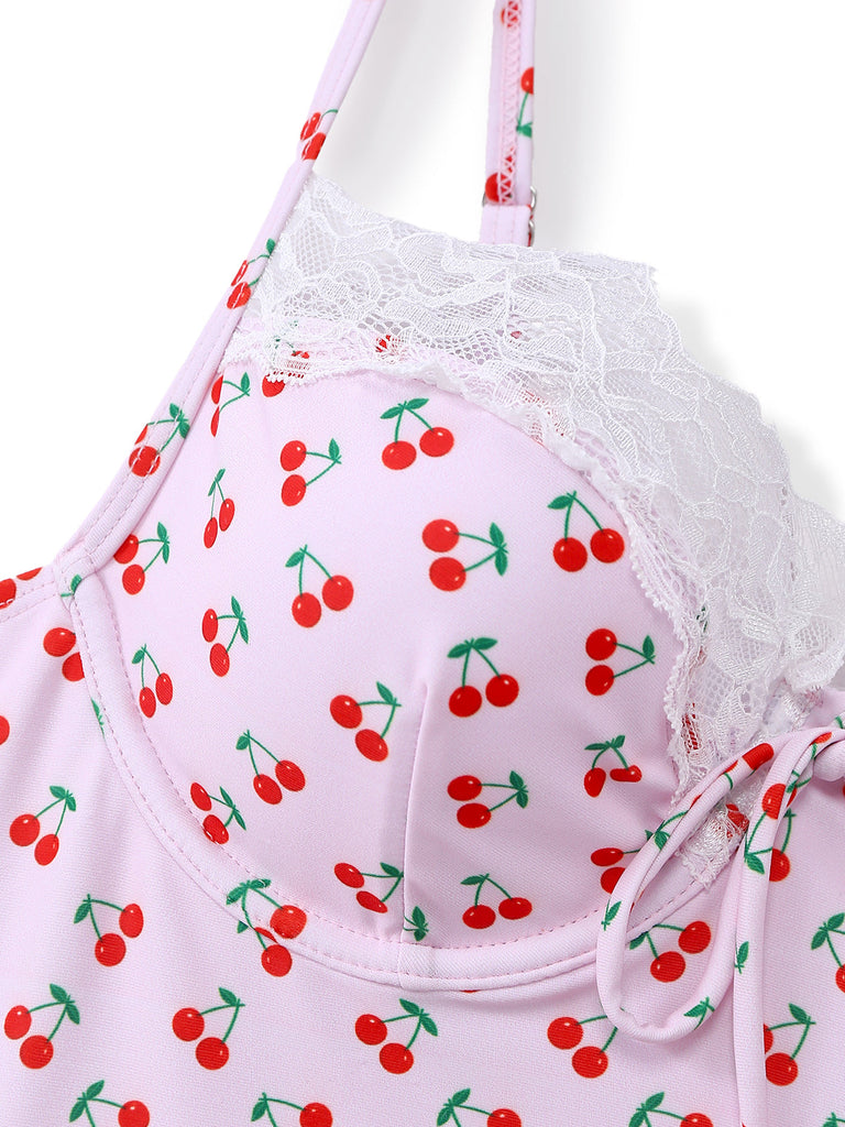 Rosa 1940er Kirsche Drucken Spitze Trimmen Eins Stück Bademode