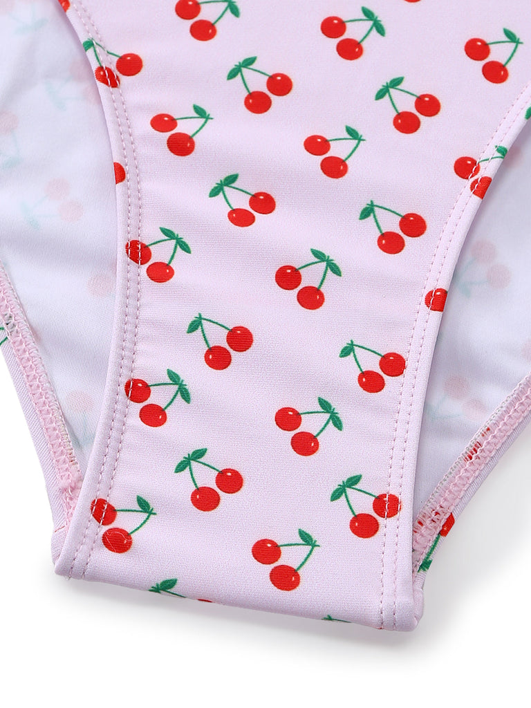 Rosa 1940er Kirsche Drucken Spitze Trimmen Eins Stück Bademode