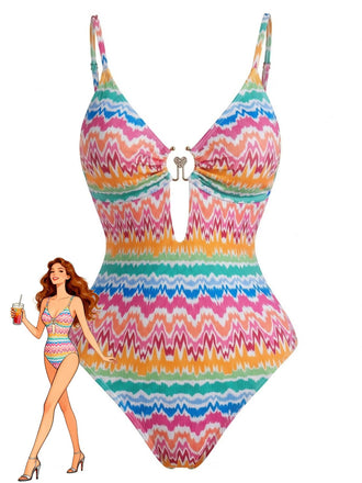 Mehrfarbiger 50er Badeanzug mit Herz und Print