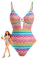 Mehrfarbiger 50er Badeanzug mit Chevron-Print und Herz-Ring