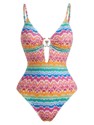 Mehrfarbiger 50er Badeanzug mit Herz und Print