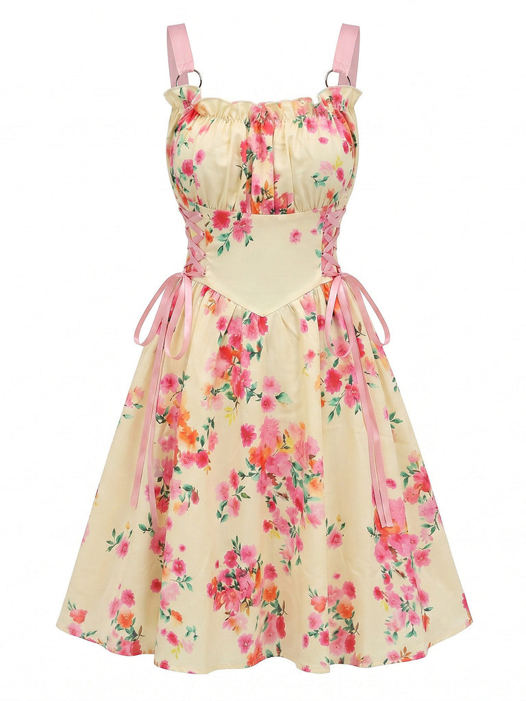 50er Vintage Swingkleid mit Blumen und Schnürung
