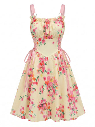 50er Vintage Swingkleid mit Blumen und Schnürung