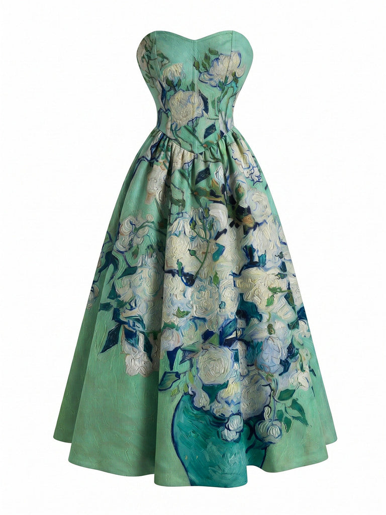 Hellblaues 50er trägerloses Kleid mit Sonnenschirm-Frauenmotiv