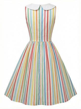 1960er Regenbogen Streifen Peter-Pan Kragen Ärmelloses Kleid