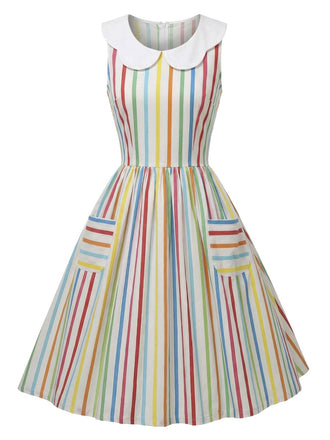 1960er Regenbogen Streifen Peter-Pan Kragen Ärmelloses Kleid