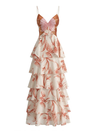 Rosa 60er Maxikleid mit Spaghettiträger und Rüschen