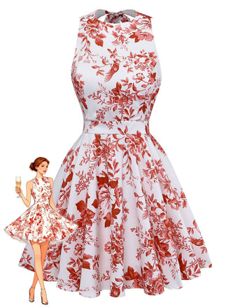 1960er Blumen Drucken Halfter Ärmellos Rückenfrei Swing Kleid