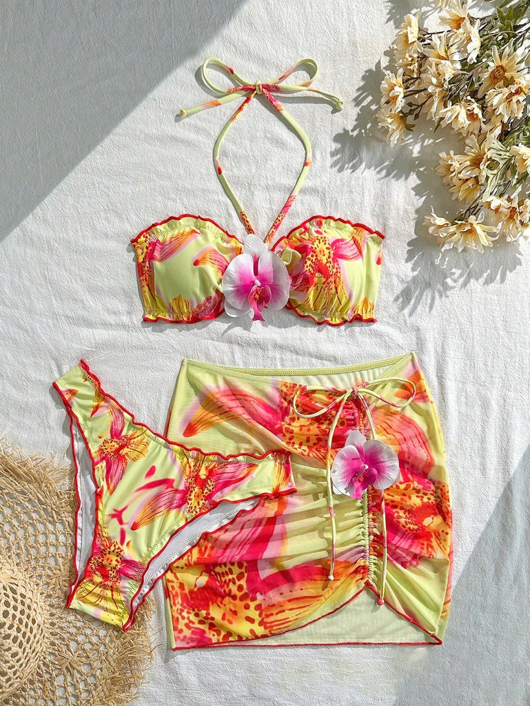 2PCS 1960er Blumen Drucken Halfter Bikini-Set & Figurbetont Abdeckung Up