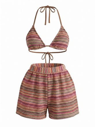 1960er Geschlagen Streifen Halfter Dreieck Bikini-Set