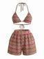 60er Bikini-Set mit Neckholder, Streifen und Dreieck-Top in Kaffee