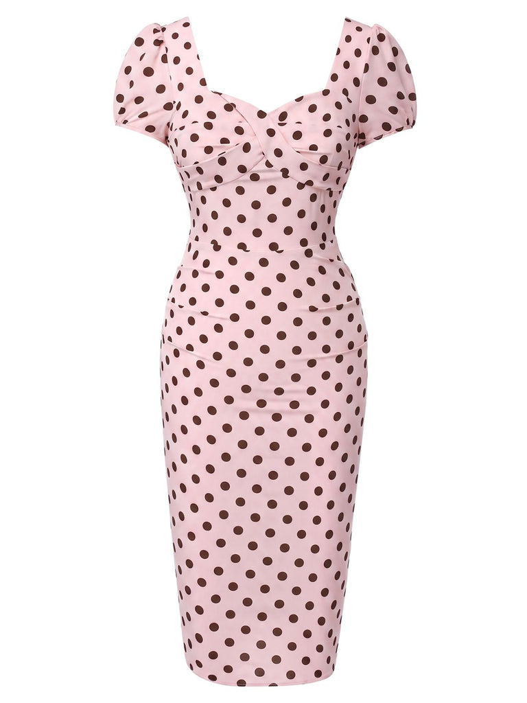 Rosa 60er Kleid mit Eckiger Ausschnitt und Polka-Dots
