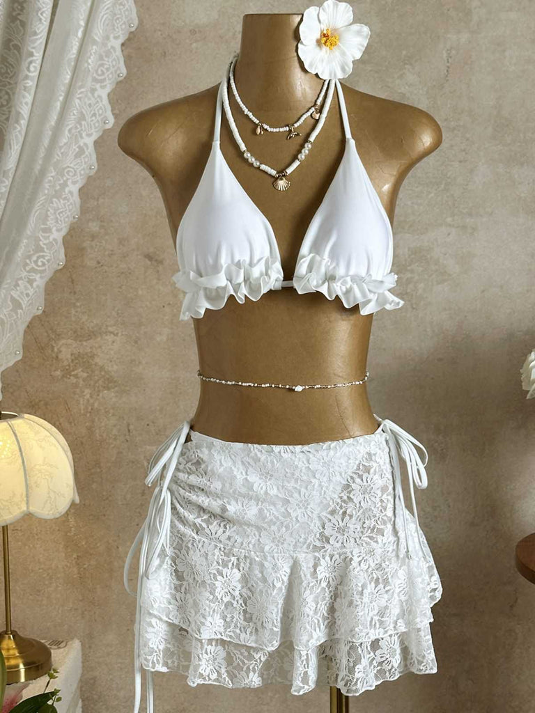 Schwarz 1960er Rüschen Halter Bikini Set & Blumen Spitze Cover-Up