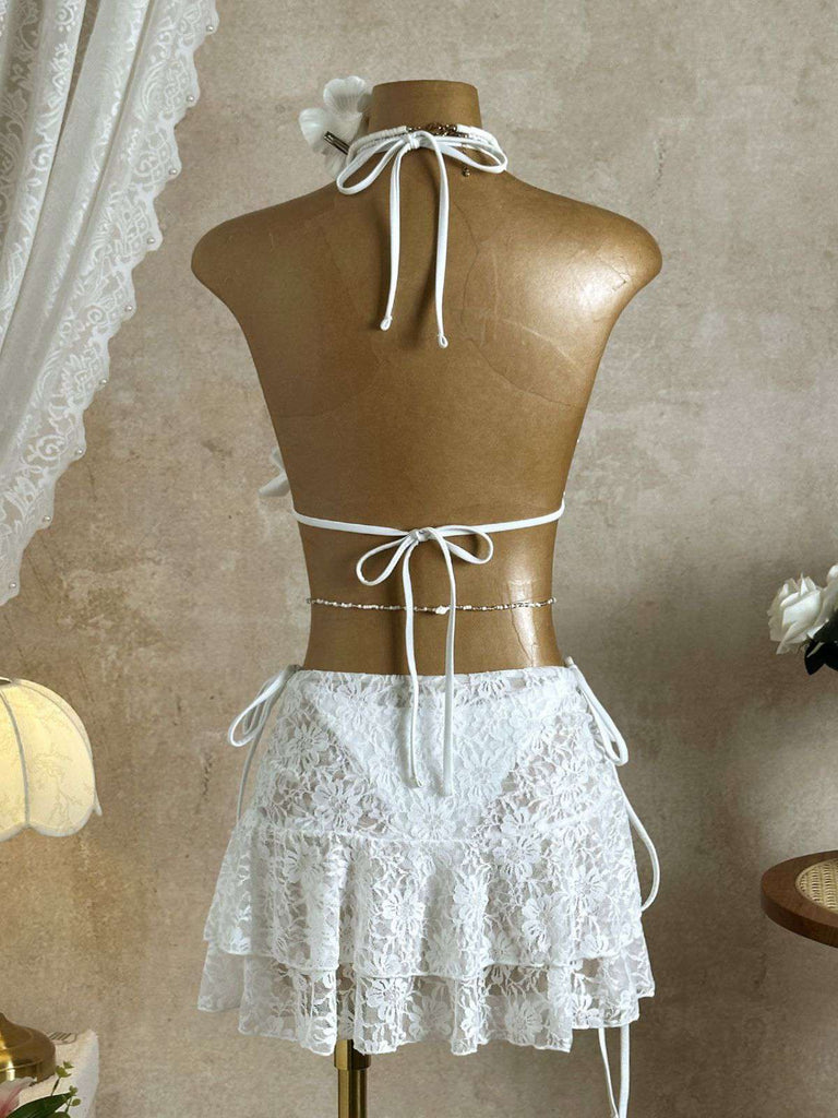 Schwarz 1960er Rüschen Halter Bikini Set & Blumen Spitze Cover-Up