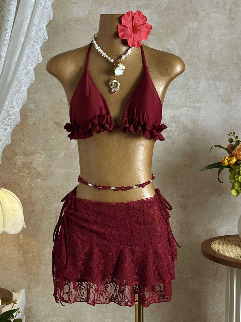 Schwarz 1960er Rüschen Halter Bikini Set & Blumen Spitze Cover-Up