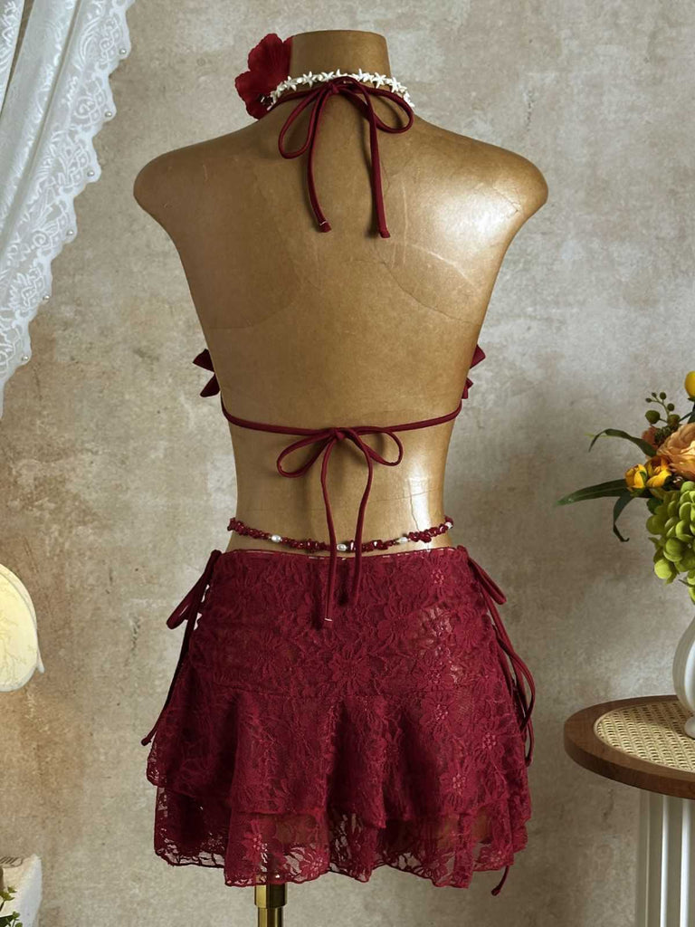 Schwarz 1960er Rüschen Halter Bikini Set & Blumen Spitze Cover-Up