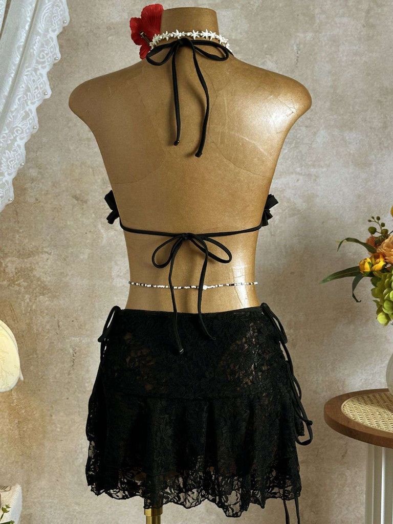 Schwarz 1960er Rüschen Halter Bikini Set & Blumen Spitze Cover-Up