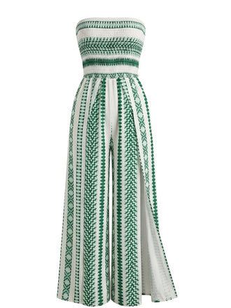 Grüner 60er Trägerloser Jumpsuit mit Streifen und Schlitz