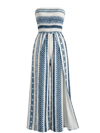 Grüner 60er Trägerloser Jumpsuit mit Streifen und Schlitz