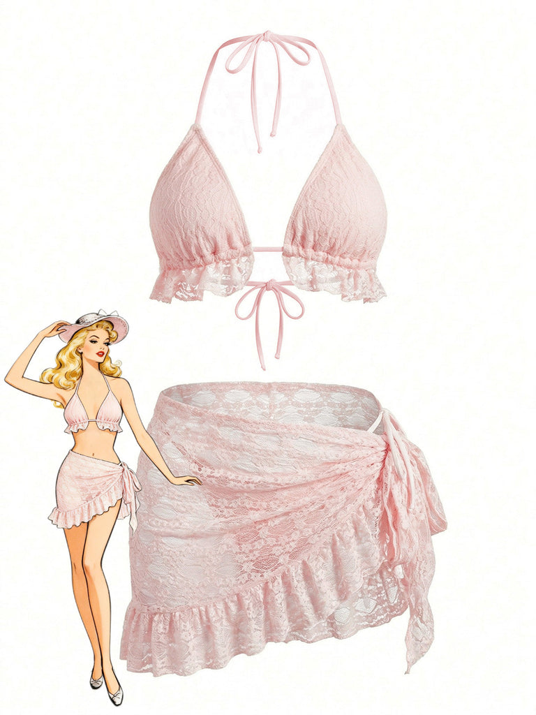 2PCS 1960er Uni Halfter Spitze Bikini-Set & Rüschen Abdeckung Up