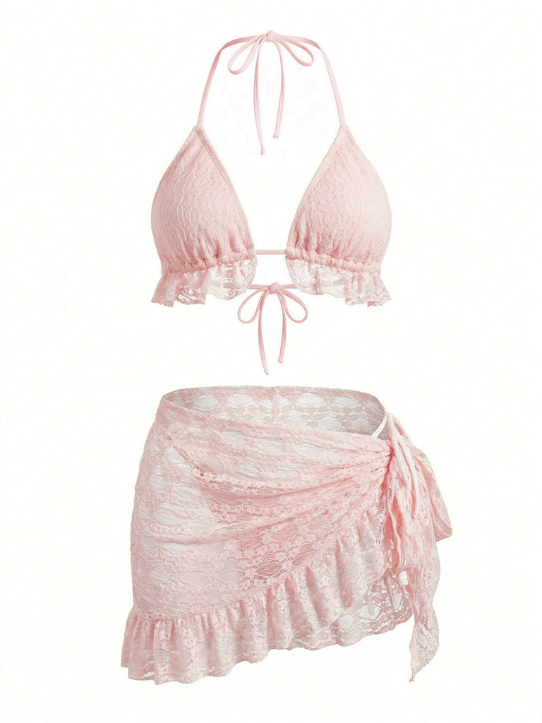 2PCS 1960er Uni Halfter Spitze Bikini-Set & Rüschen Abdeckung Up