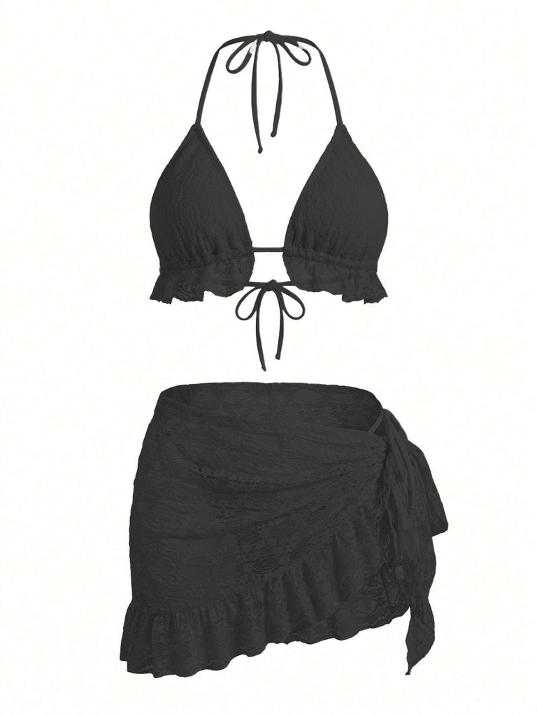 2PCS 1960er Uni Halfter Spitze Bikini-Set & Rüschen Abdeckung Up