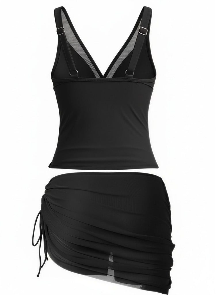 60er Netz-Tankini-Set mit V-Ausschnitt und gerafft