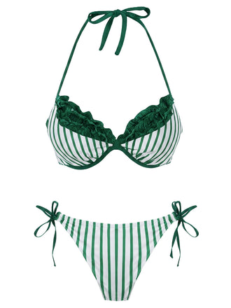 [Vorverkauf] Grünes 60er Gestreiftes Bikini-Set mit Netz und Neckholder