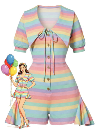 60er Romper mit Regenbogen-Streifen und Rüschen