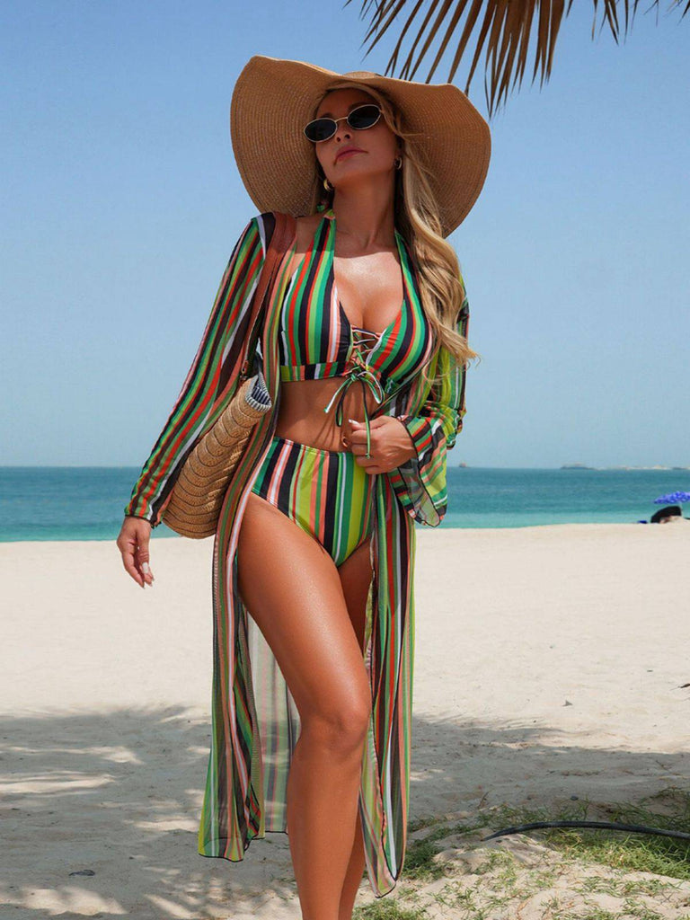 60er Bikini-Set & Shorts & Cover-Up mit Schnürung und Streifen