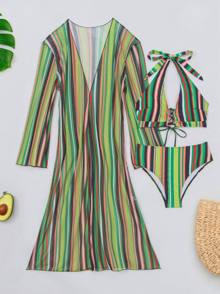 60er Bikini-Set & Shorts & Cover-Up mit Schnürung und Streifen