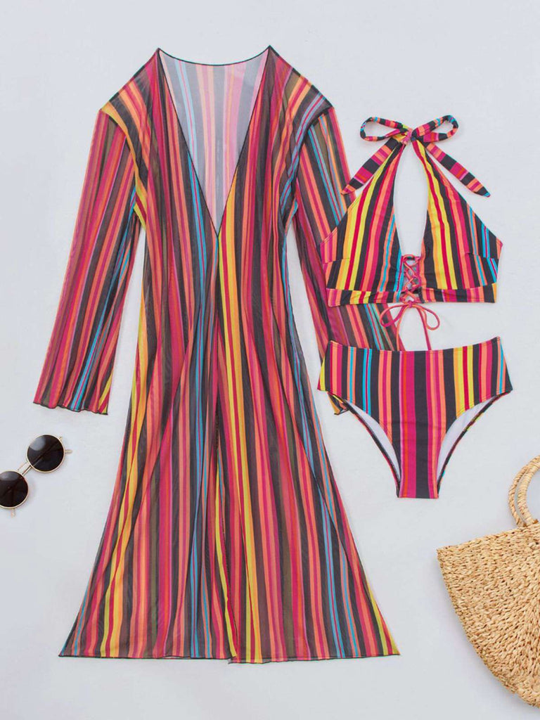 60er Bikini-Set & Shorts & Cover-Up mit Schnürung und Streifen