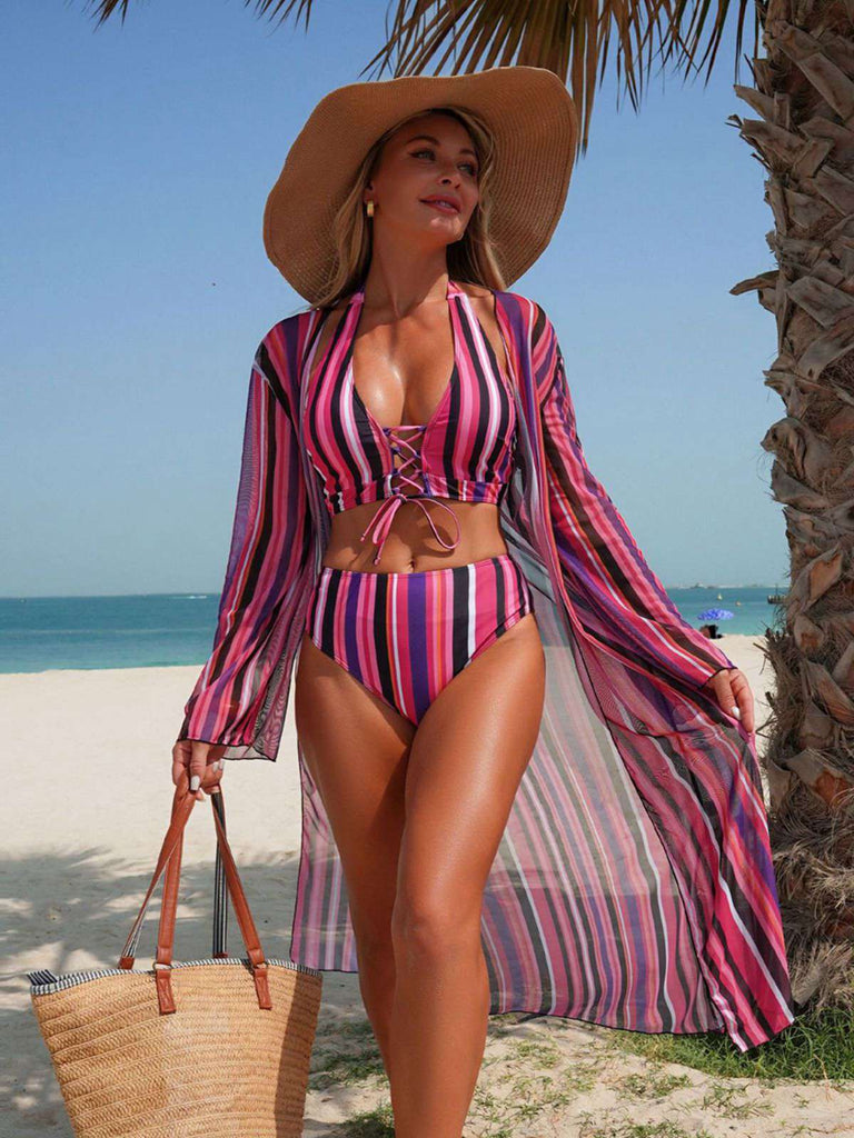60er Bikini-Set & Shorts & Cover-Up mit Schnürung und Streifen
